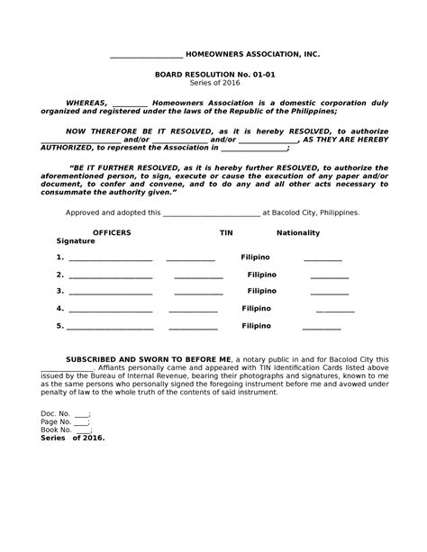 <b>Board</b> of Director(s) of. . Sample board resolution homeowners association philippines